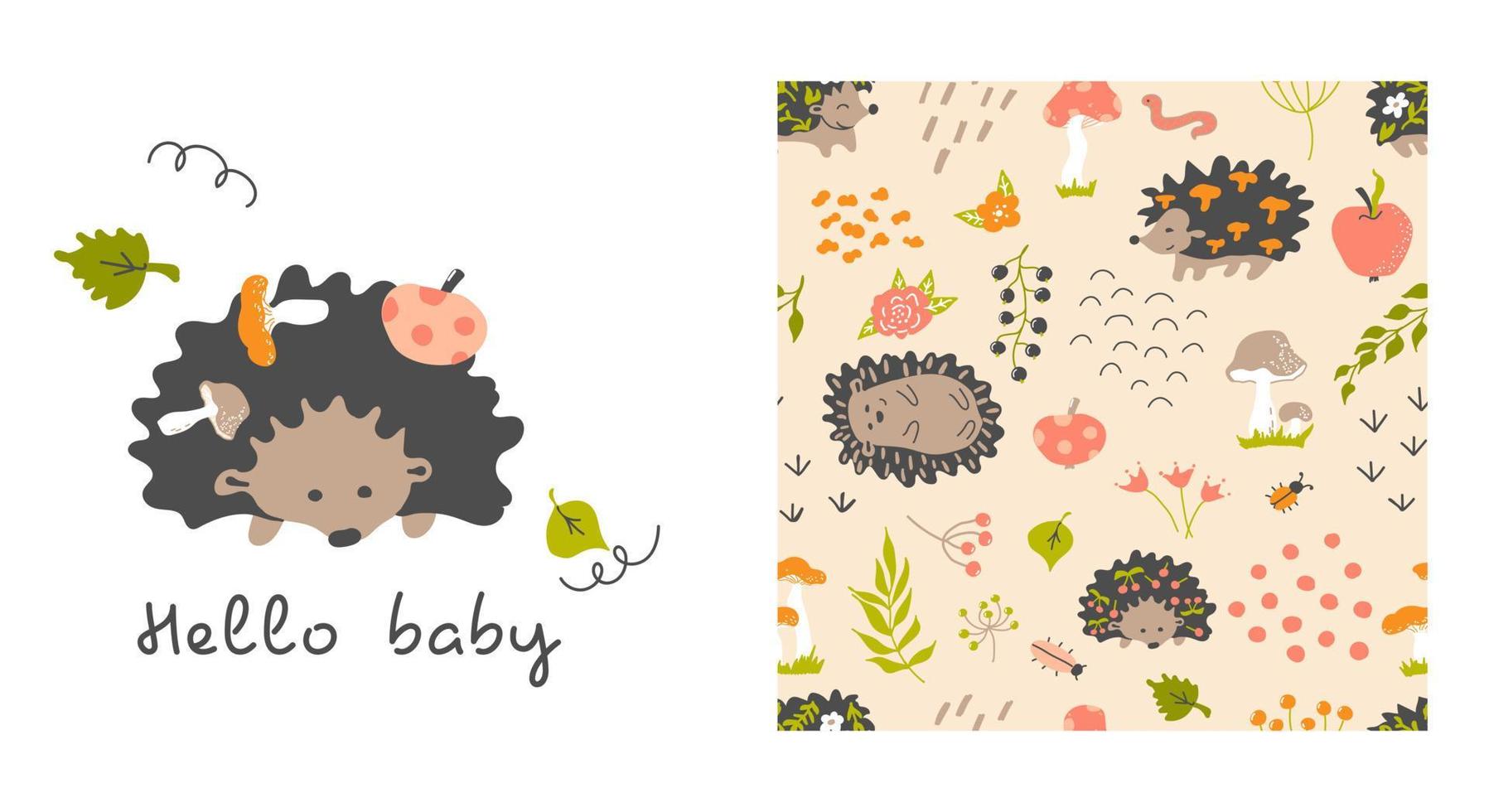 Hedgehogs pattern. Card Hello baby. Seamless pattern. Baby print vector