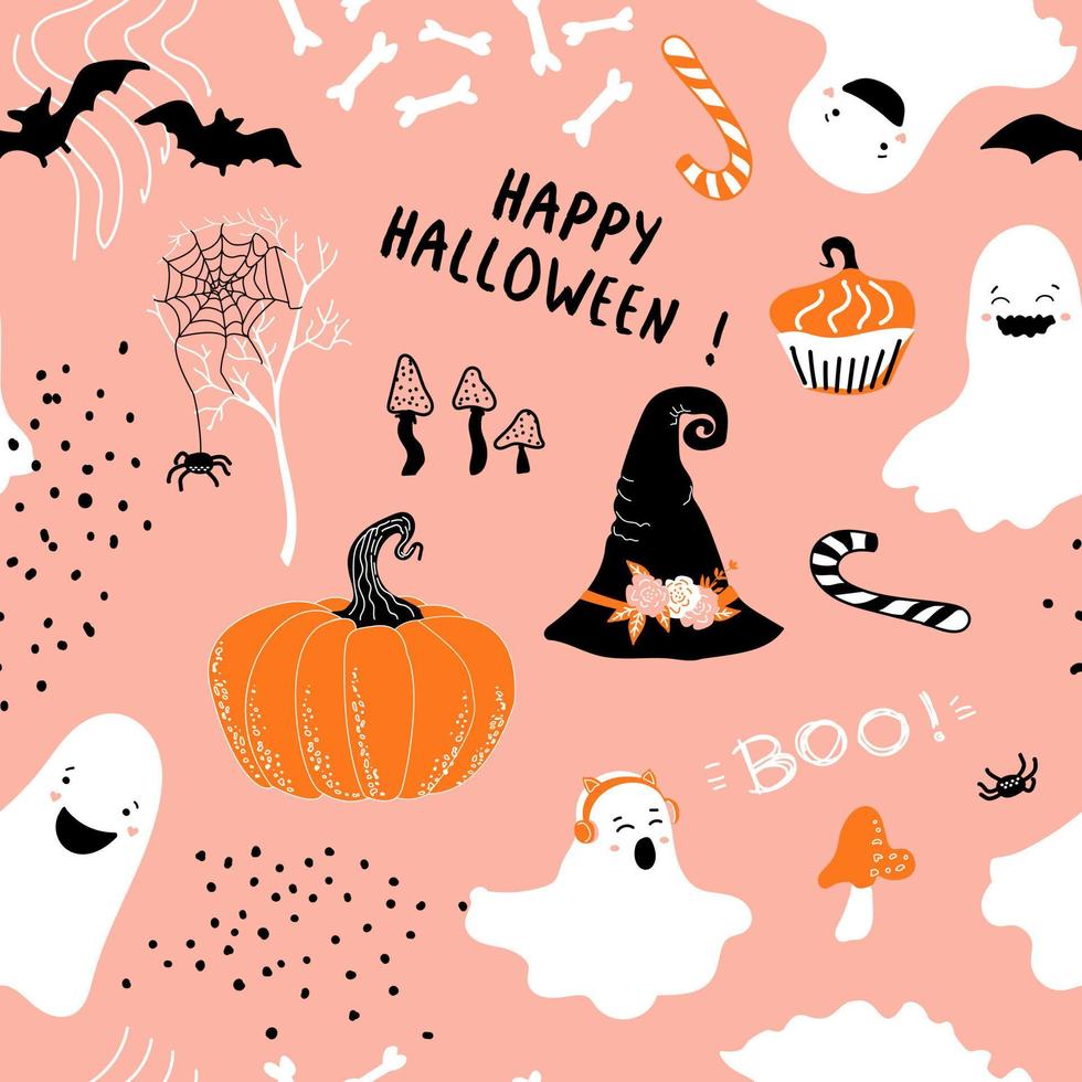 Halloween pattern. Lettering. Cute ghosts, mushrooms  and bones. vector