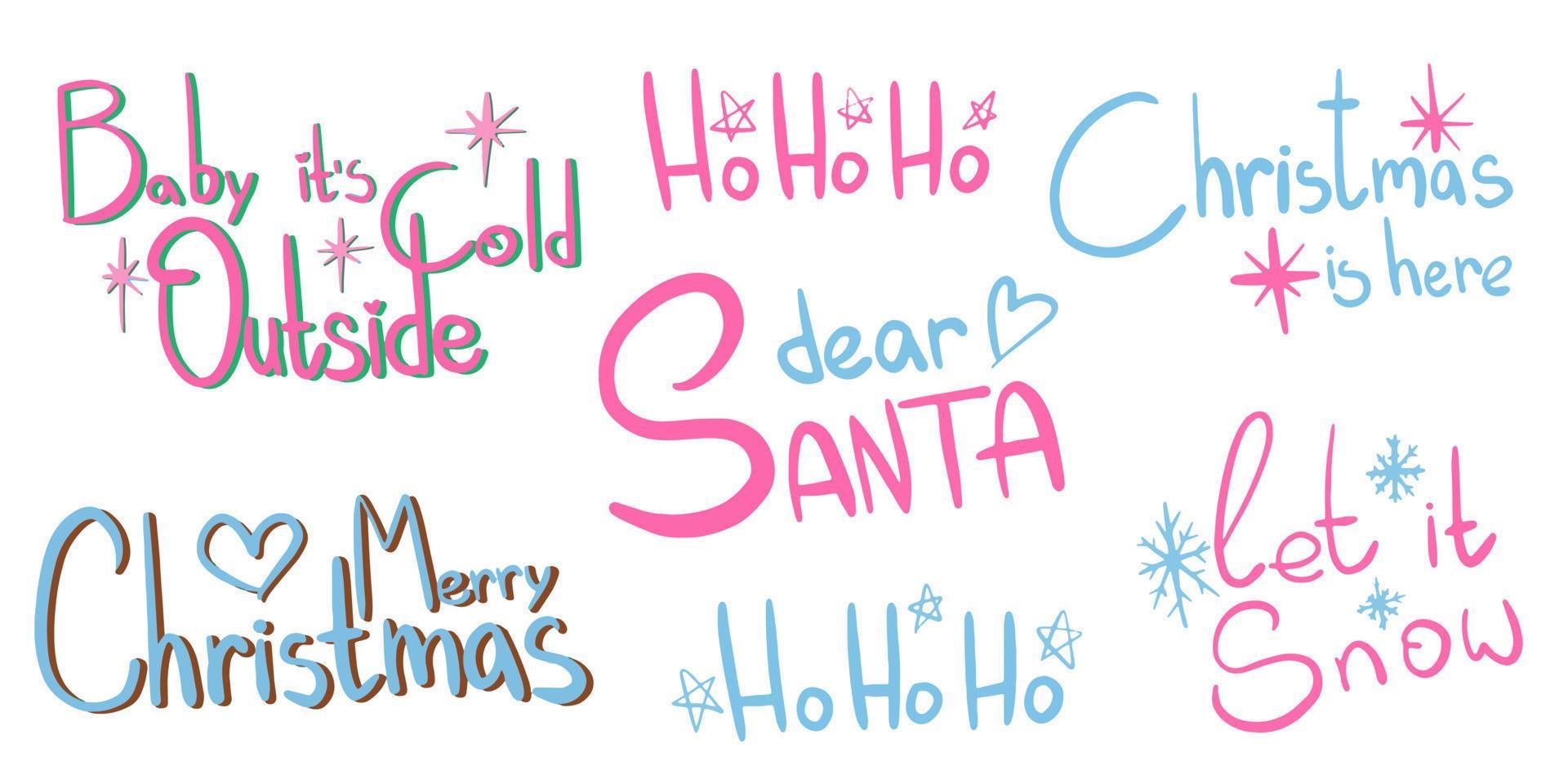 Vector Handwritten phrases for Christmas greetings. Winter calligraphy. Merry Christmas. Dear Santa.