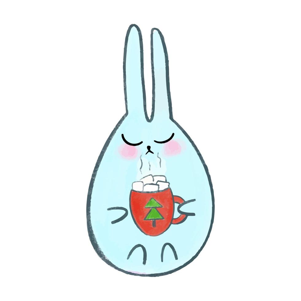 Vector Cute watercolor hand drawn christmas blue bunny with a cup of cocoa. Rabbit with New Year's decors.
