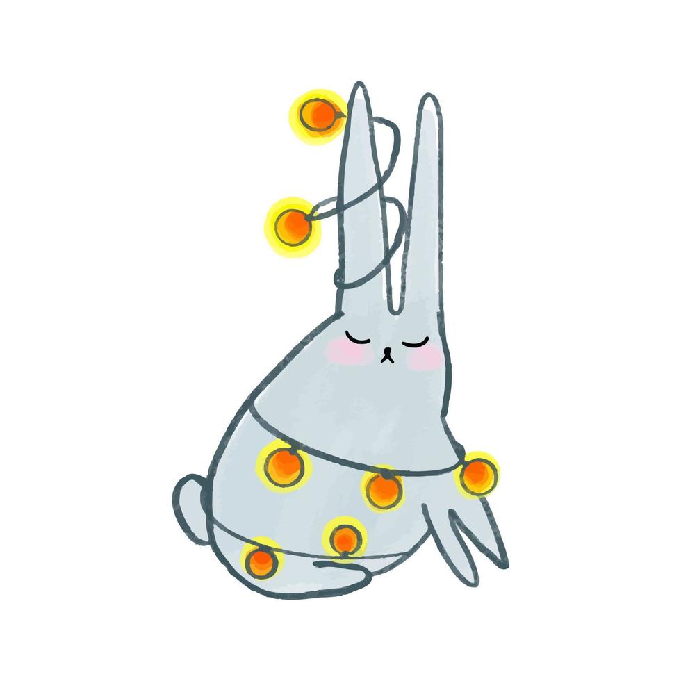 Vector Cute watercolor hand drawn christmas gray Rabbit wrapped in garland. Bunny with New Year's decorations.