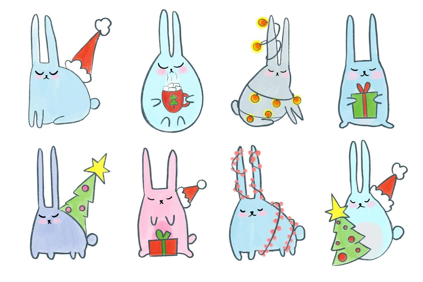 Vector Set with cute watercolor bunnies for christmas and new year. Winter rabbits in festive decorations.