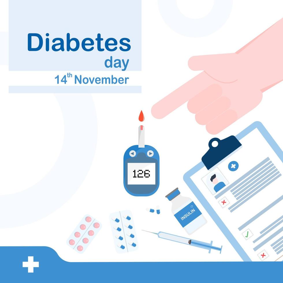 diseño de folleto conceptual del día mundial de la diabetes. utilizando su propio medidor de glucosa en sangre. con los resultados de la prueba de azúcar en la sangre vector