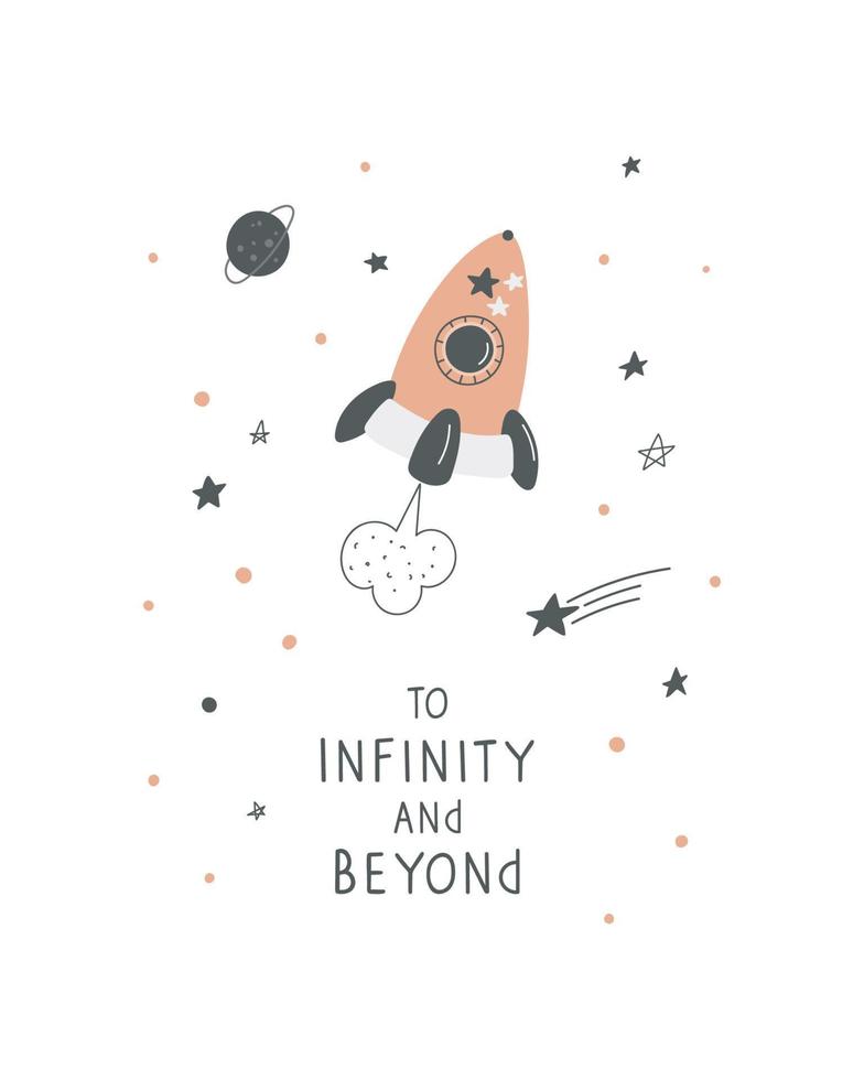 Space poster with a rocket, stars and lettering. Cute cosmic print for kids clothes, card, interior design vector