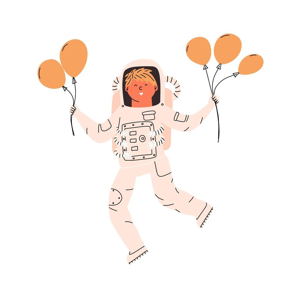 niño astronauta con globos en las manos. ilustración vectorial en estilo plano, postal. vector