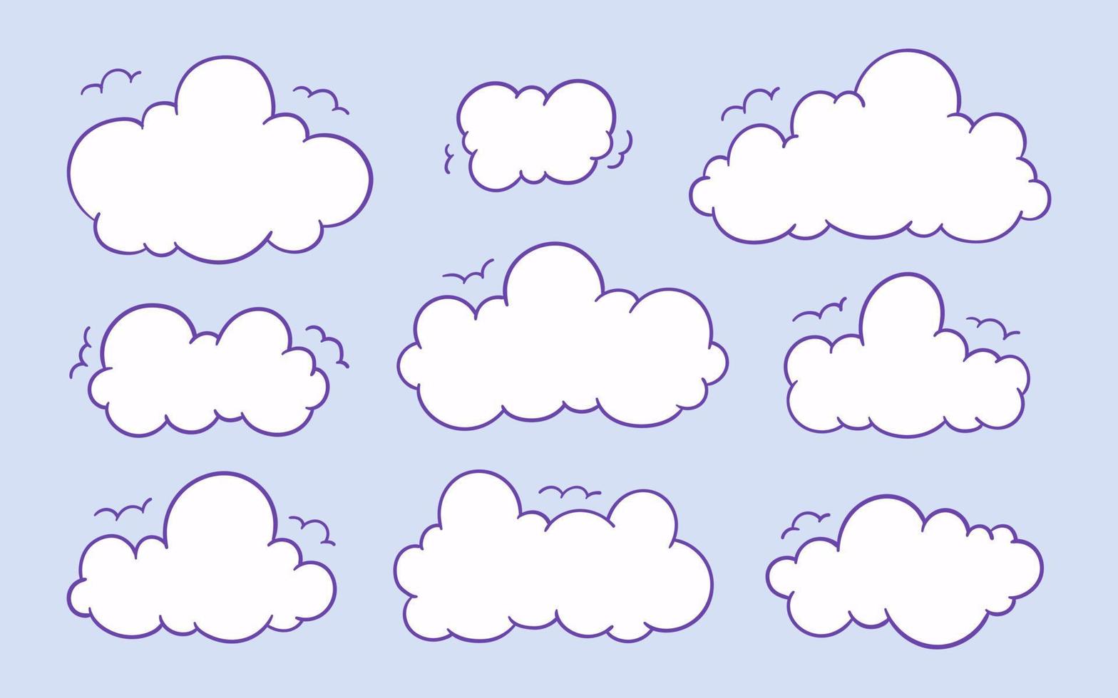 Collection of clouds in doodle cartoon style isolated on blue background vector