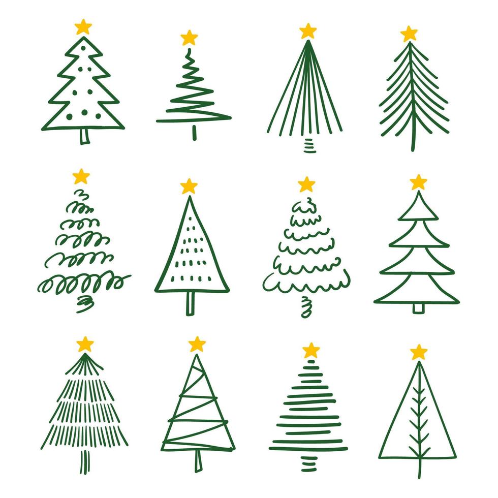Set of hand drawn christmas tree elements in doodle style vector illustration
