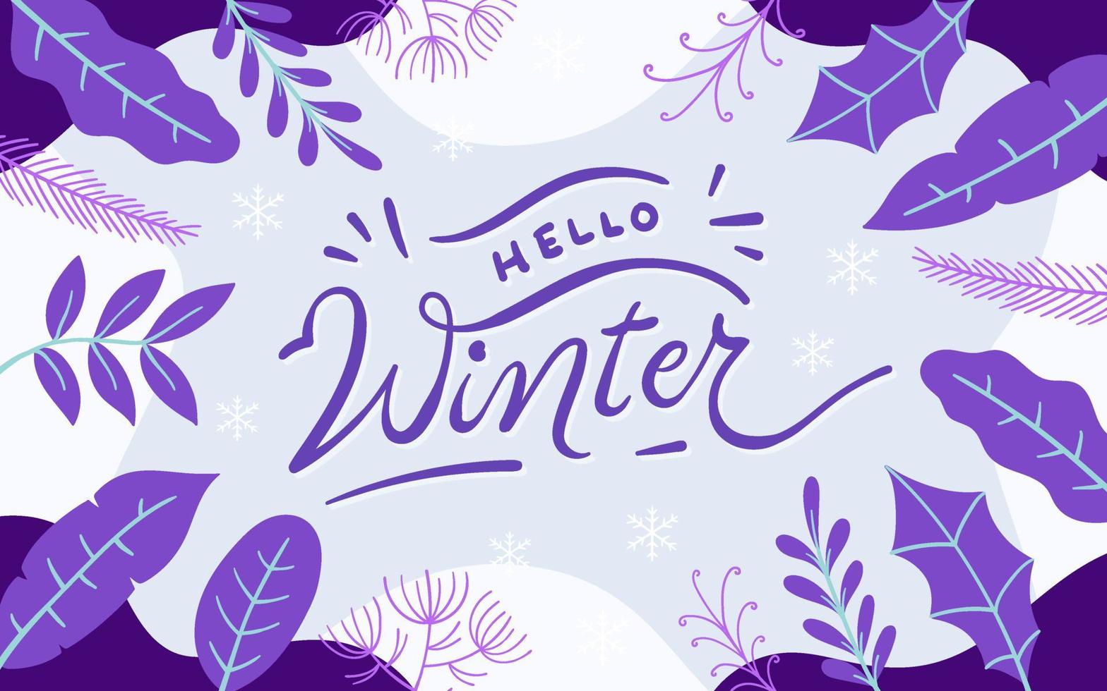 hola letras de invierno con diseño plano de fondo floral de invierno vector