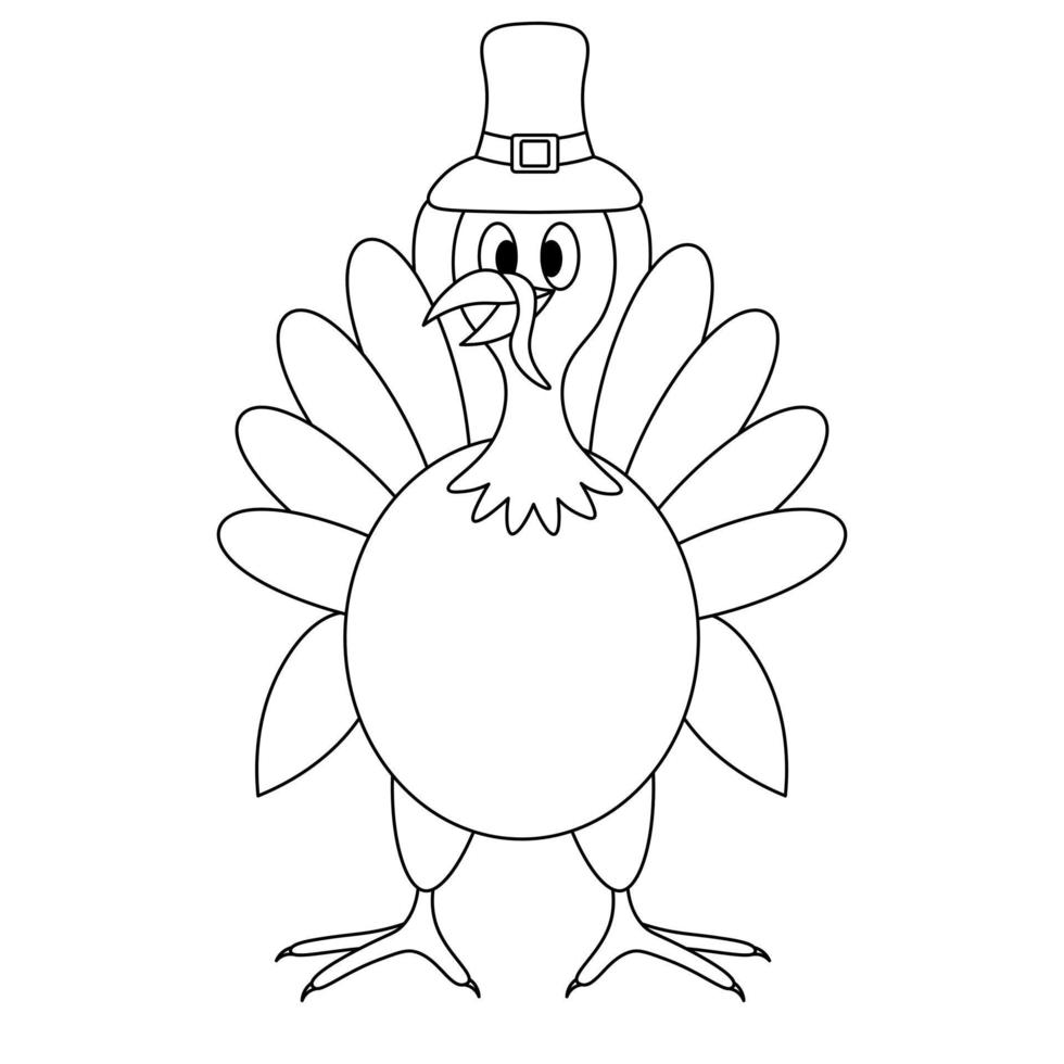 Turkey. Bird in a hat. Vector illustration. Outline on an isolated white background. Doodle style. Coloring book for children. Sketch. Thanksgiving day symbol. A fabulous character with a lush tail.