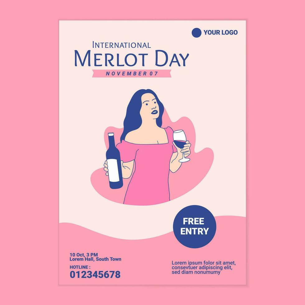 Illustrations beautiful woman enjoy holding merlot wine for International Merlot Day poster template vector