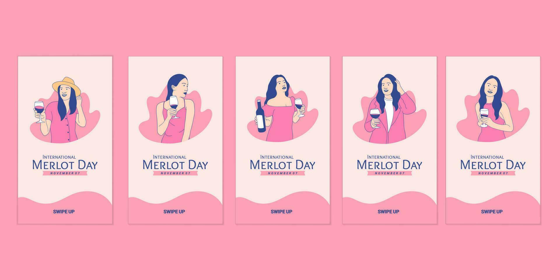 Illustrations beautiful woman enjoy holding merlot wine for International Merlot Day social media stories collection vector