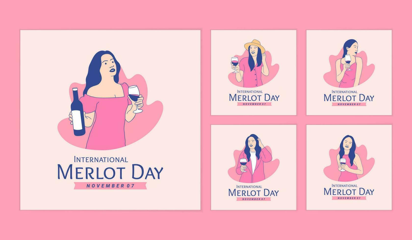 Illustrations beautiful woman enjoy holding merlot wine for International Merlot Day social media posts collection vector