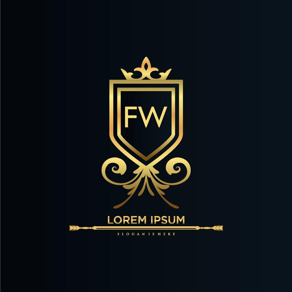 inicial de la letra fw con plantilla real.elegante con vector de logotipo de corona, ilustración de vector de logotipo de letras creativas.