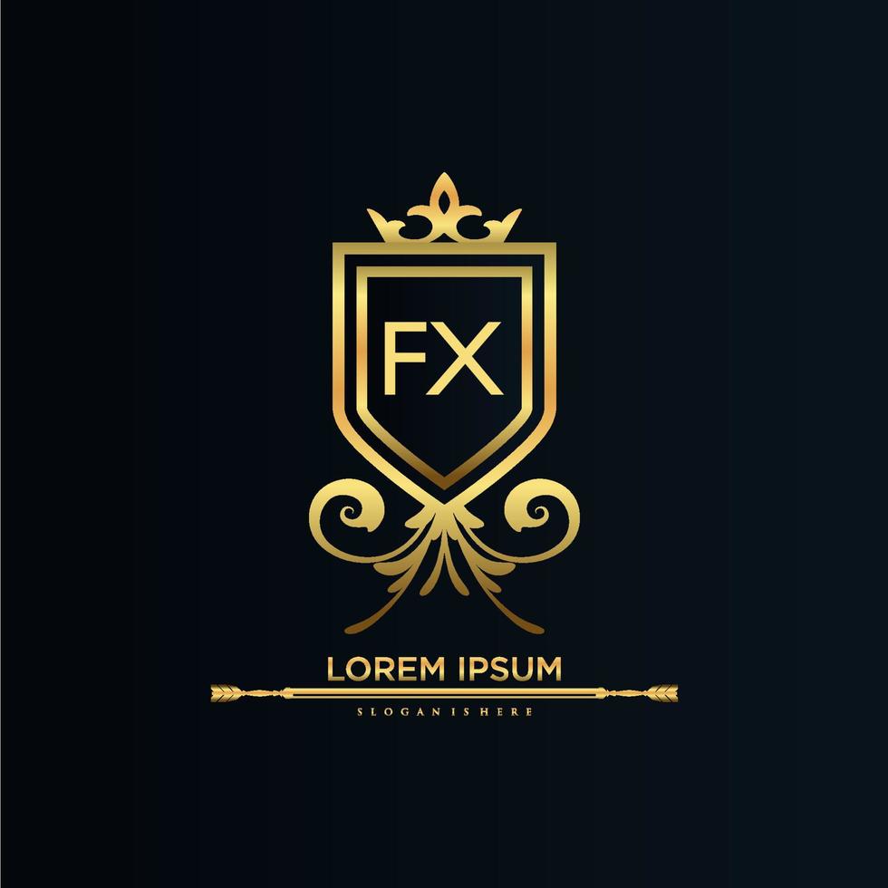 letra fx inicial con plantilla real.elegante con vector de logotipo de corona, ilustración de vector de logotipo de letras creativas.