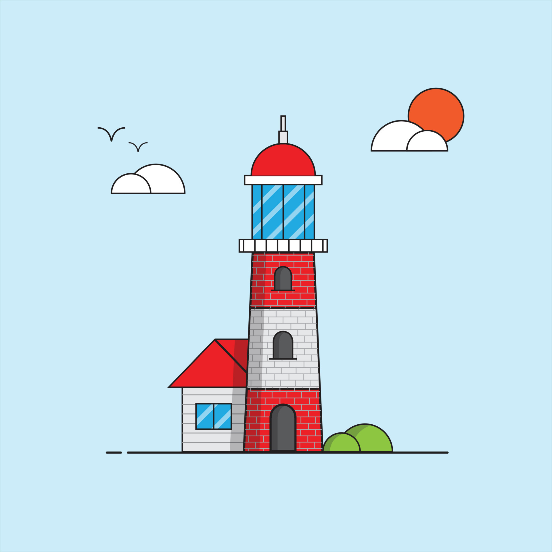 a picturesque image of a lighthouse in red and white colors in flat design  style that looks like a postcard 13113727 Vector Art at Vecteezy