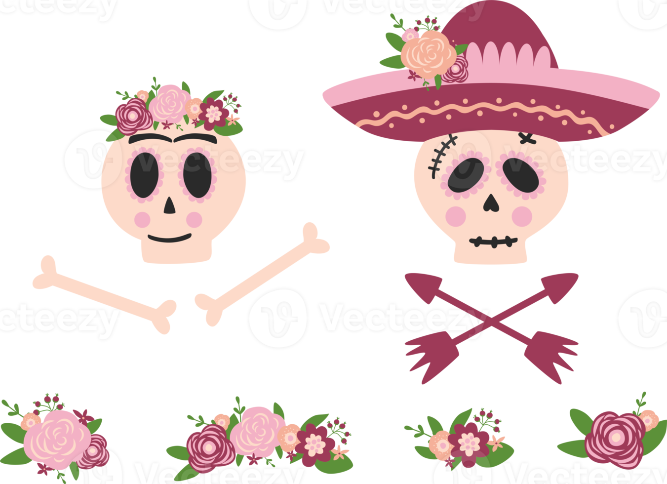 giorno morto cranio donna e uomo impostare. messicano cranio fiore sombrero. dia de los muertos cranio. simbolo di giorno morto isolato illustrazione. carino cranio grafico elemento rosa floreale spaventoso logo. spagnolo. png