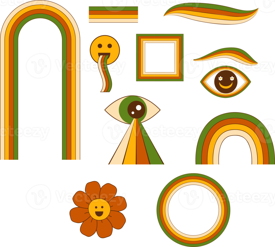 groovige Cliparts. Retro-Elementset der 70er Jahre. hipster retro coole psychedelische designelemente. vintage groovy pinsel, regenbogen, auge, groovy blume, geometrische formen. abstrakte Cartoon-Illustration. png