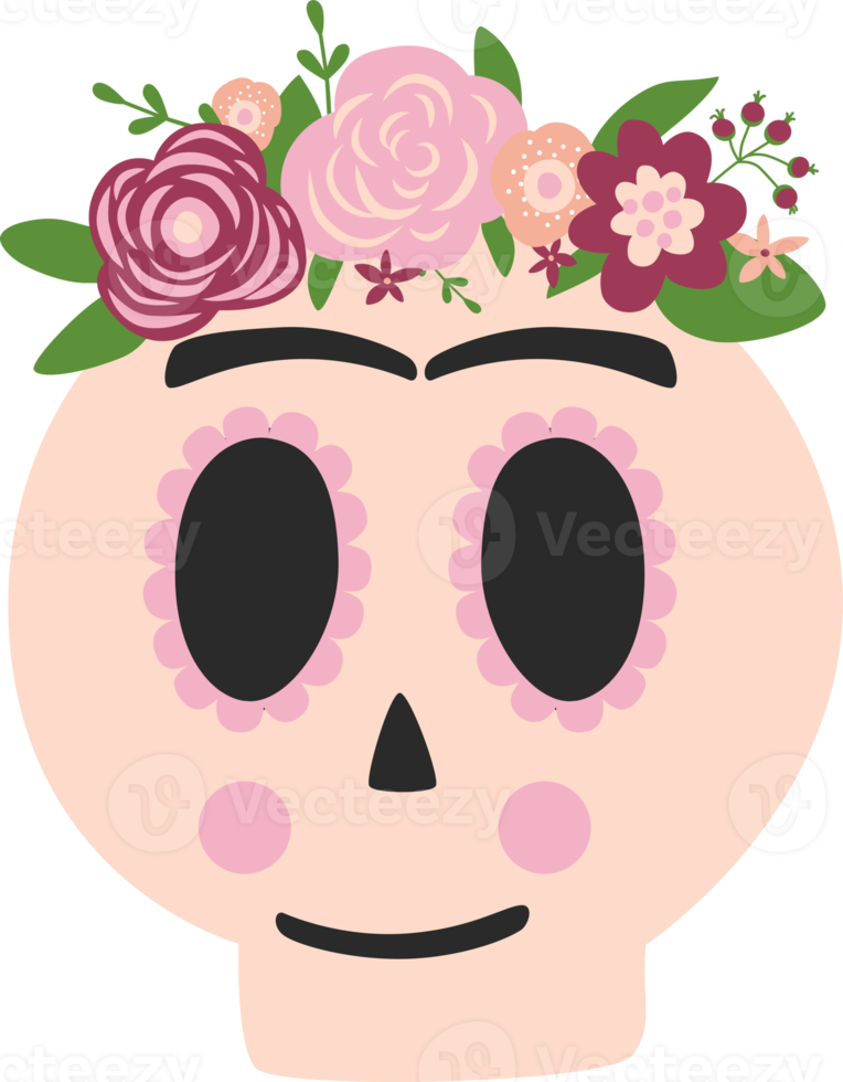 Day dead skull Frida Kahlo. Dia de los muertos skull. Symbol of day dead isolated illustration. Cute skull graphic element. Pink spooky logo. Spanish, mexican tradition. Woman skull mexican. png