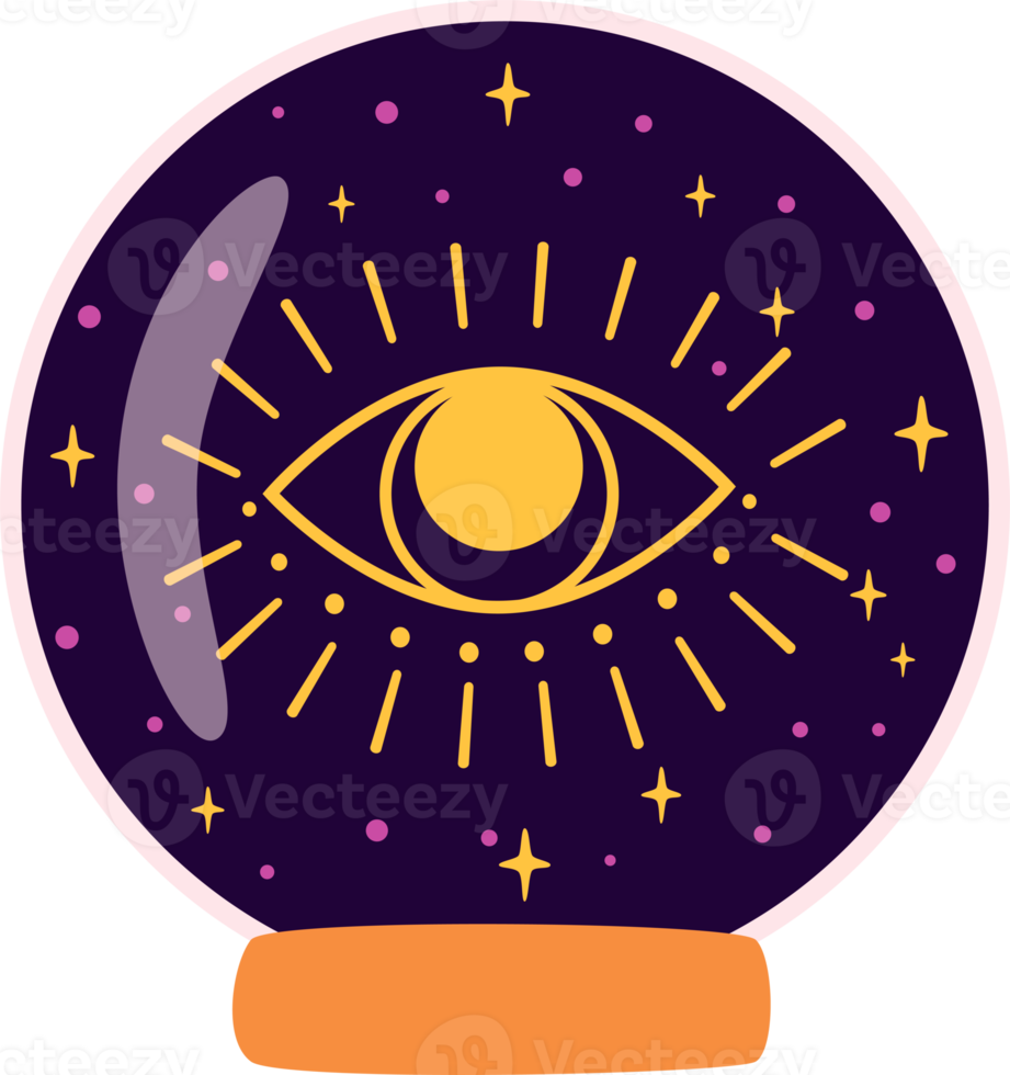 magische kristallkugel zukunft mit auge. Kristallkugel der Wahrsagerin. magisches symbol der hexerei. Halloween-Grafikelement. Alchemie-Illustration isolierte Kristallkugel. mystische spirituelle Logo-Augensterne. png