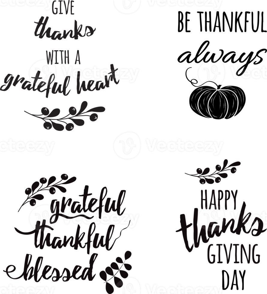 Thanksgiving set phrases lettering text grateful thankful blessed decorated autumn floral branch Hand drawn lettering words Perfect for thank you greeting cards painted on black color. png