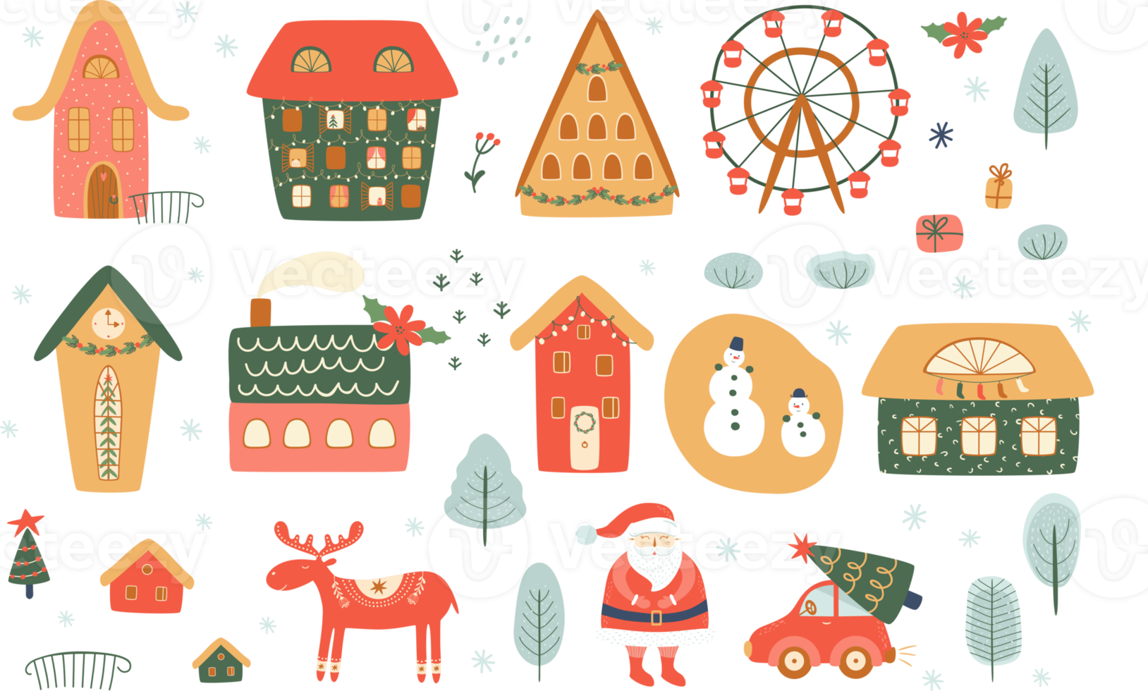 Christmas houses set. Set of isolated decorated buildings for New year and Christmas. Winter houses, Santa, deer, snowman, car. Winter holidays isolated graphic elements. Cute PNG illustration.