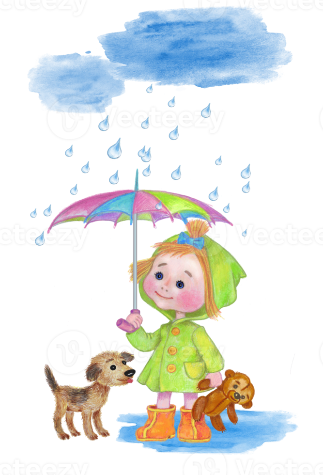 Girl with a teddy bear under an umbrella with a dog png