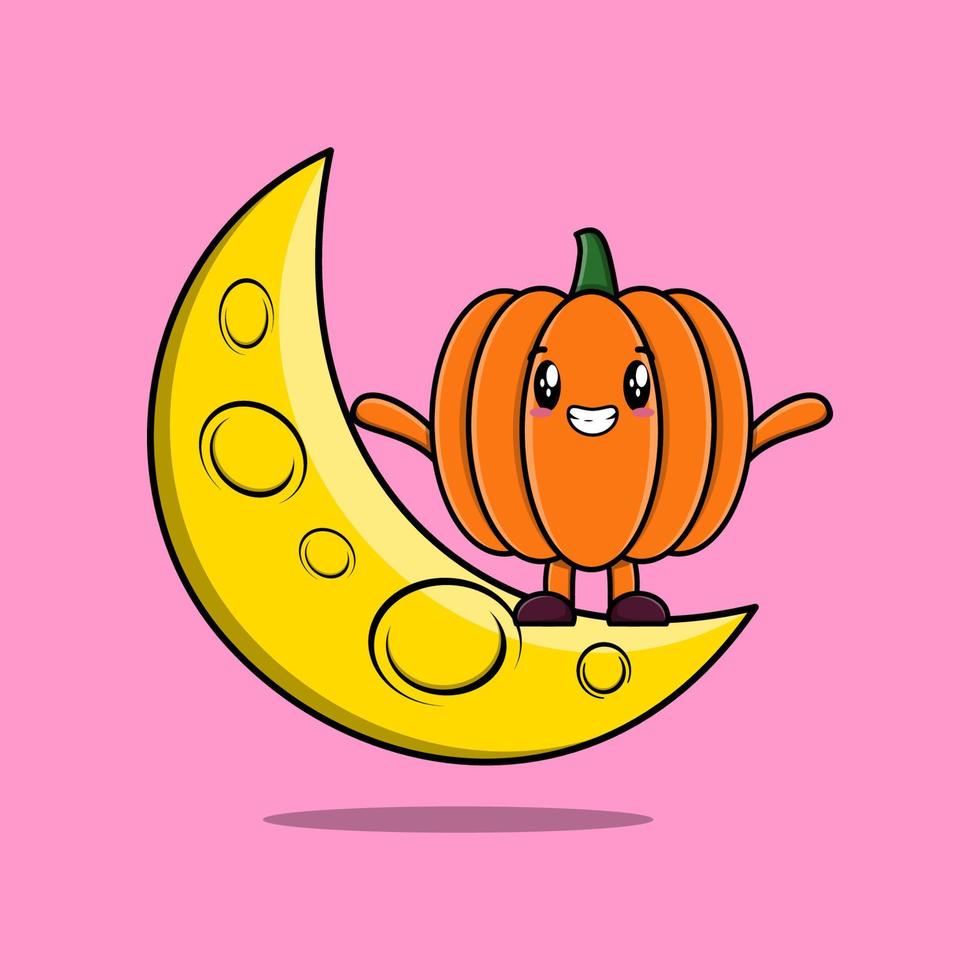 linda caricatura de calabaza de pie en la luna creciente vector