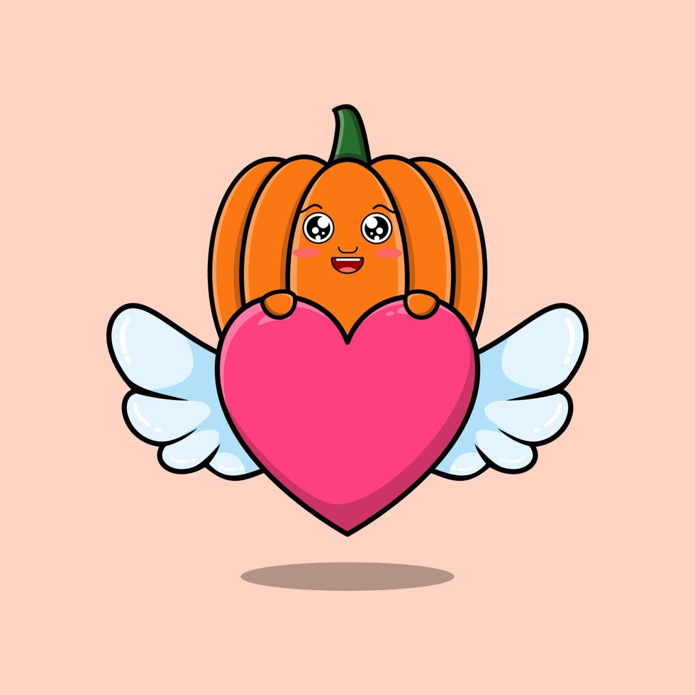 lindo personaje de calabaza de dibujos animados que oculta el corazón vector