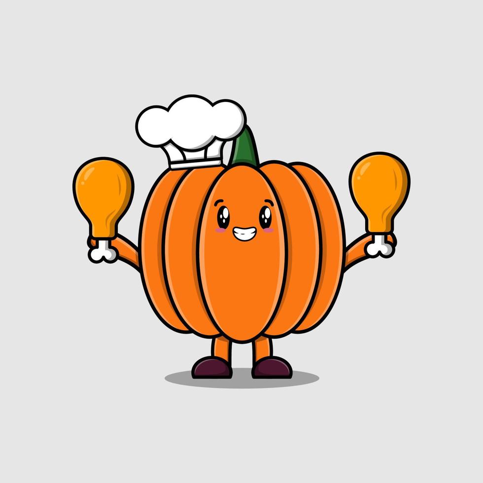 Cute cartoon Pumpkin chef hold two chicken thighs vector