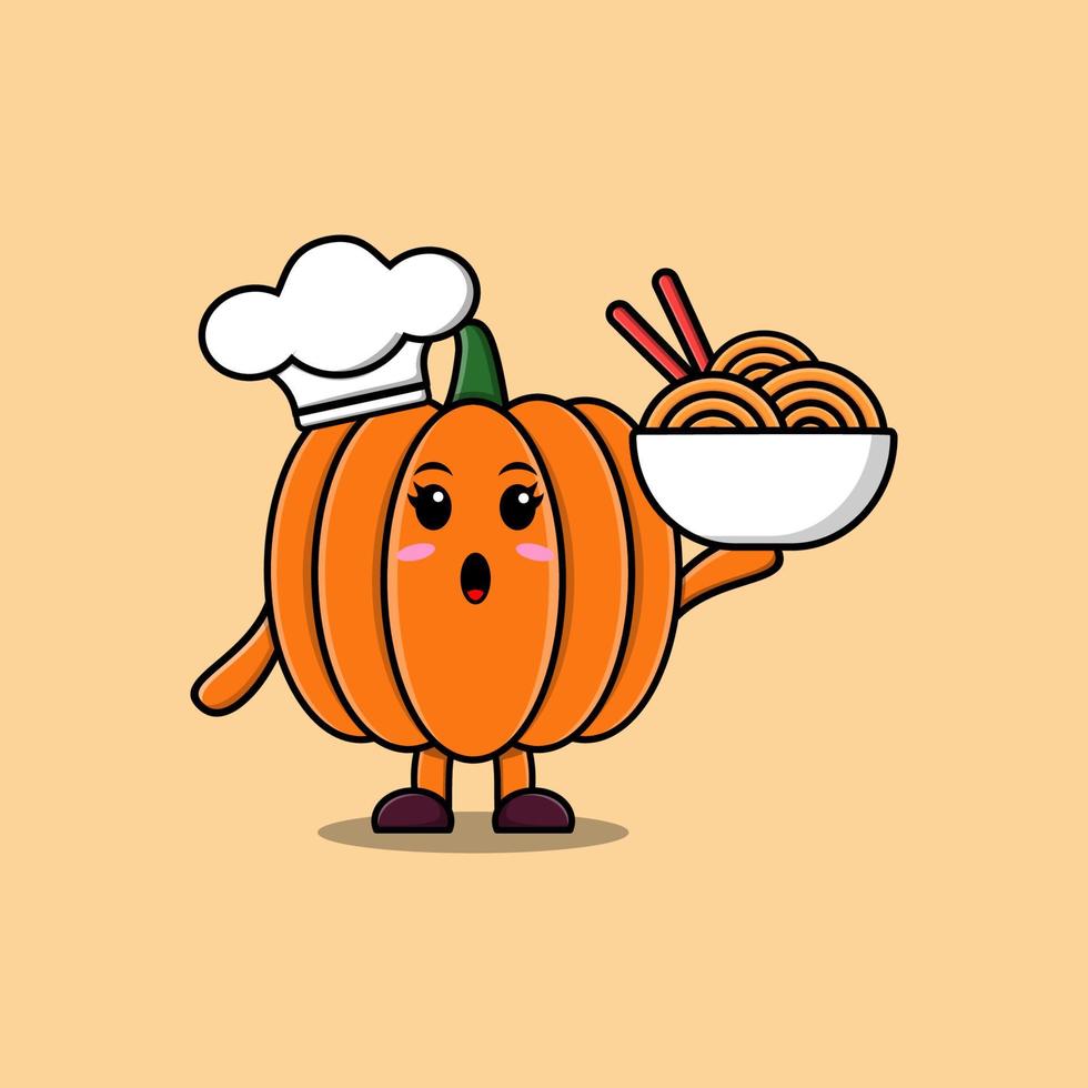 Cute cartoon Pumpkin chef holding noodles in bowl vector