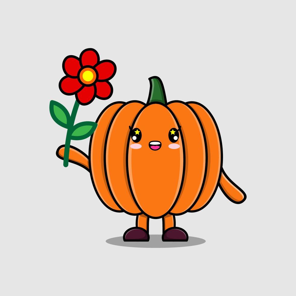 Cute cartoon Pumpkin character holding red flower vector