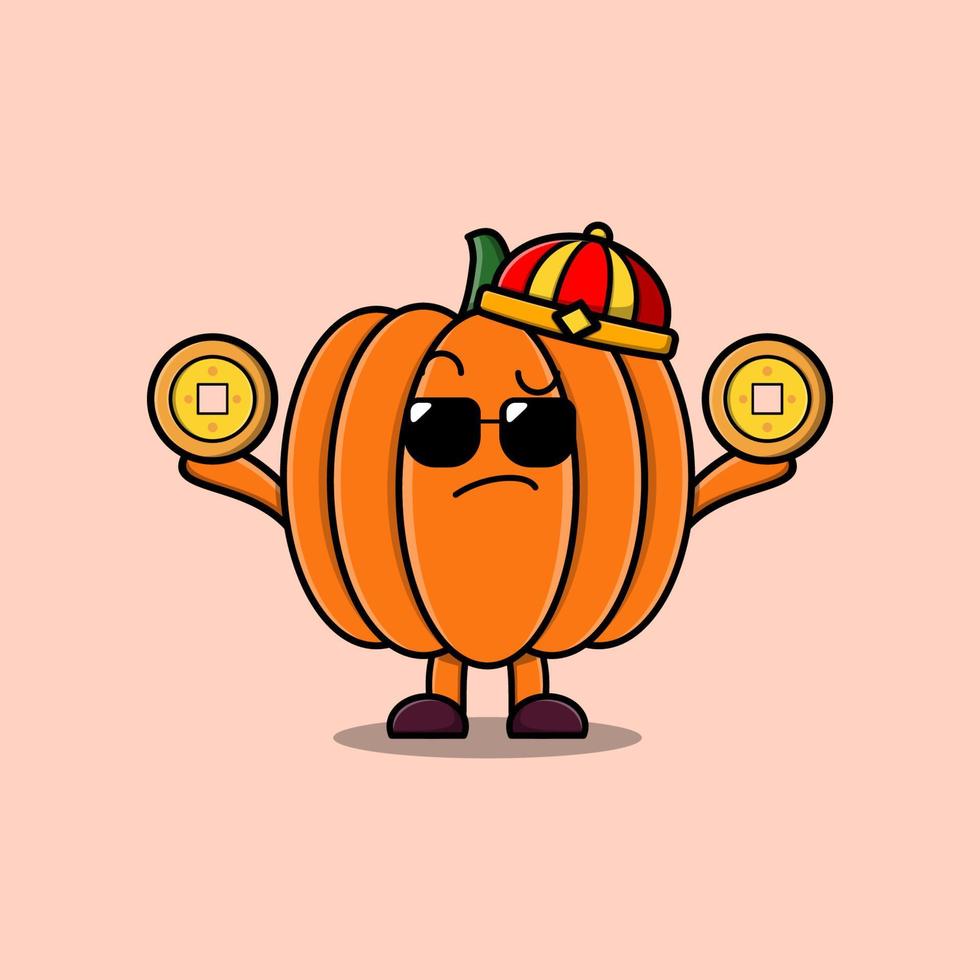 Cute cartoon Pumpkin chinese character hold coin vector