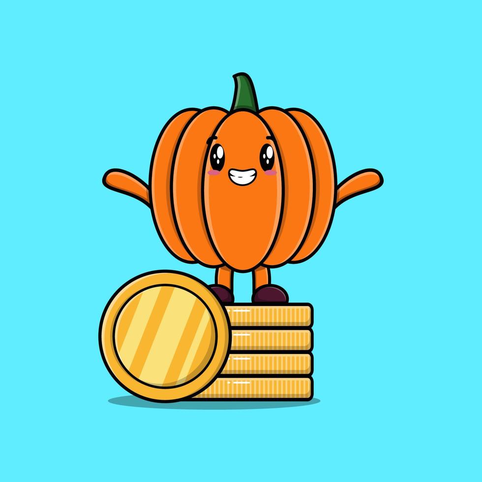 Cute cartoon Pumpkin standing in stacked gold coin vector