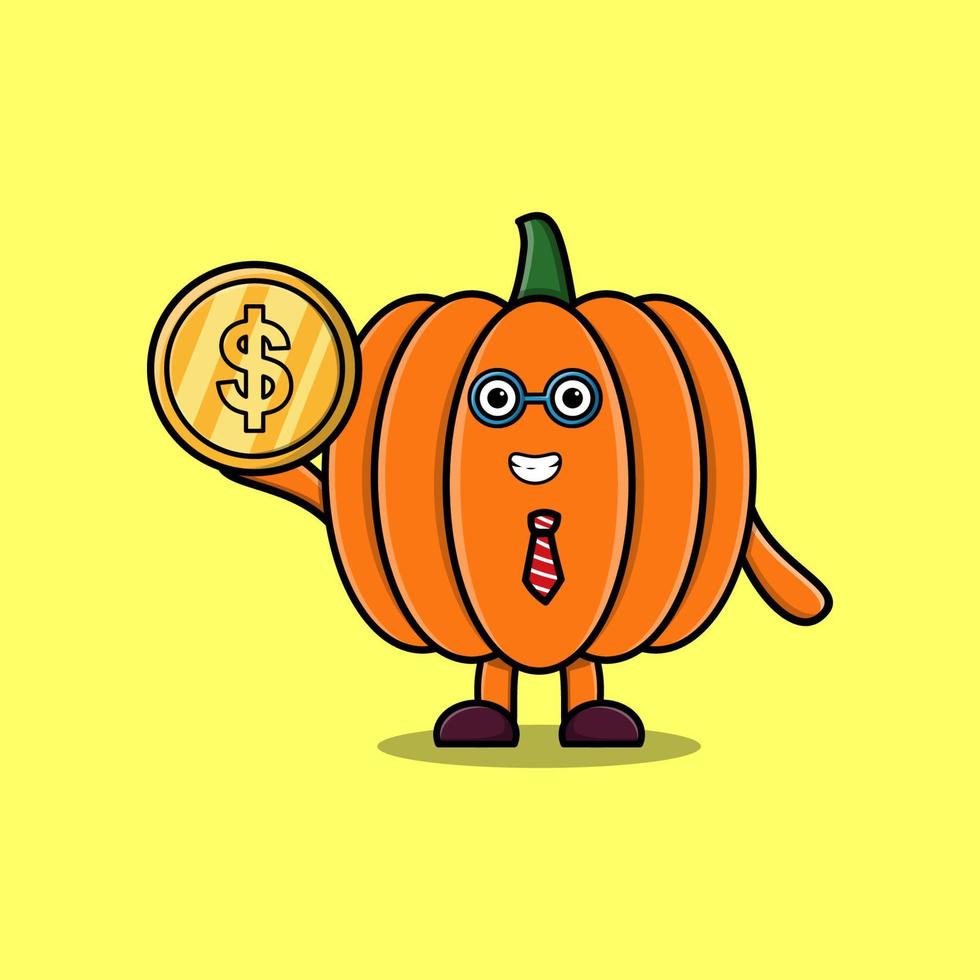 Pumpkin successful businessman holding gold coin vector