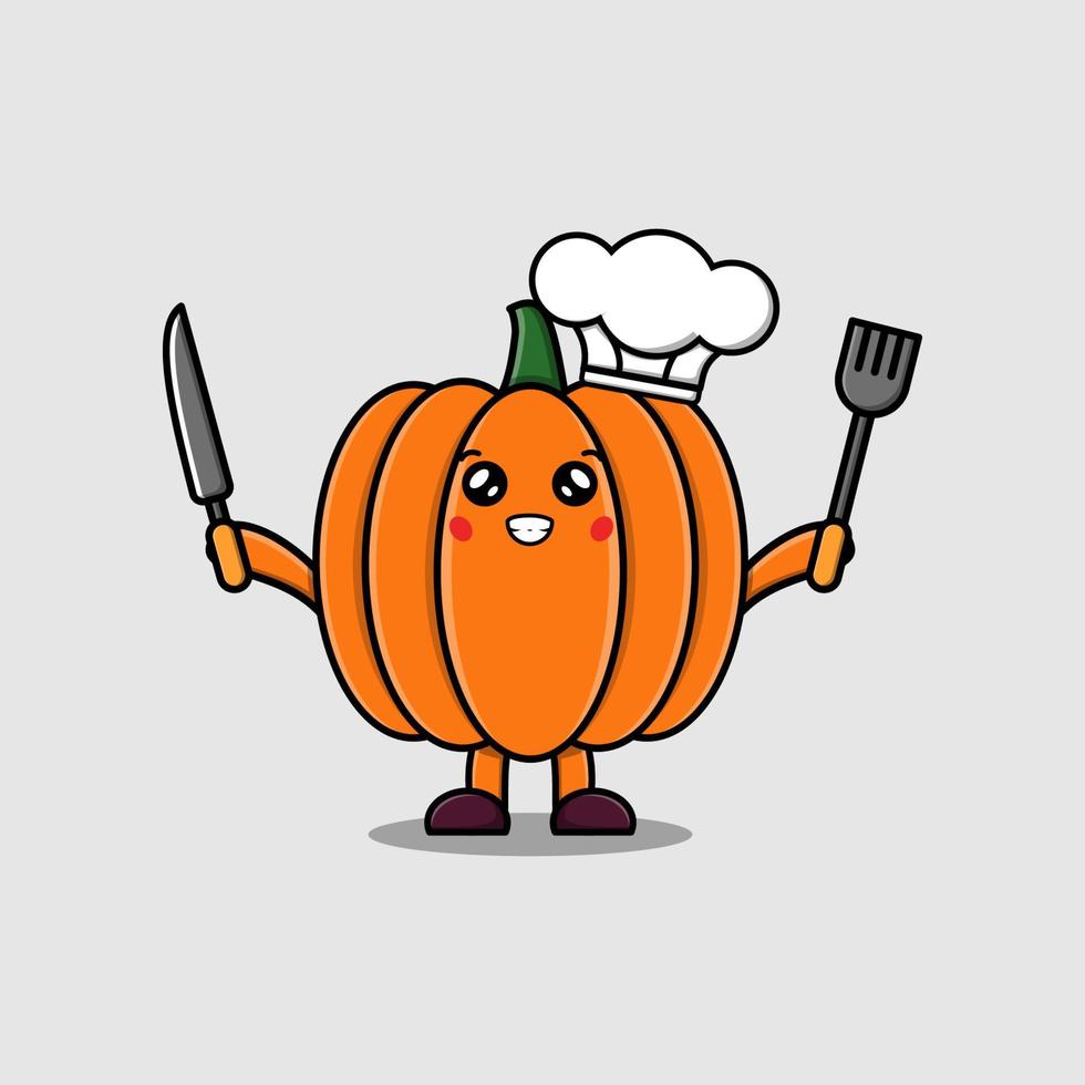 Cute cartoon Pumpkin chef holding knife and fork vector