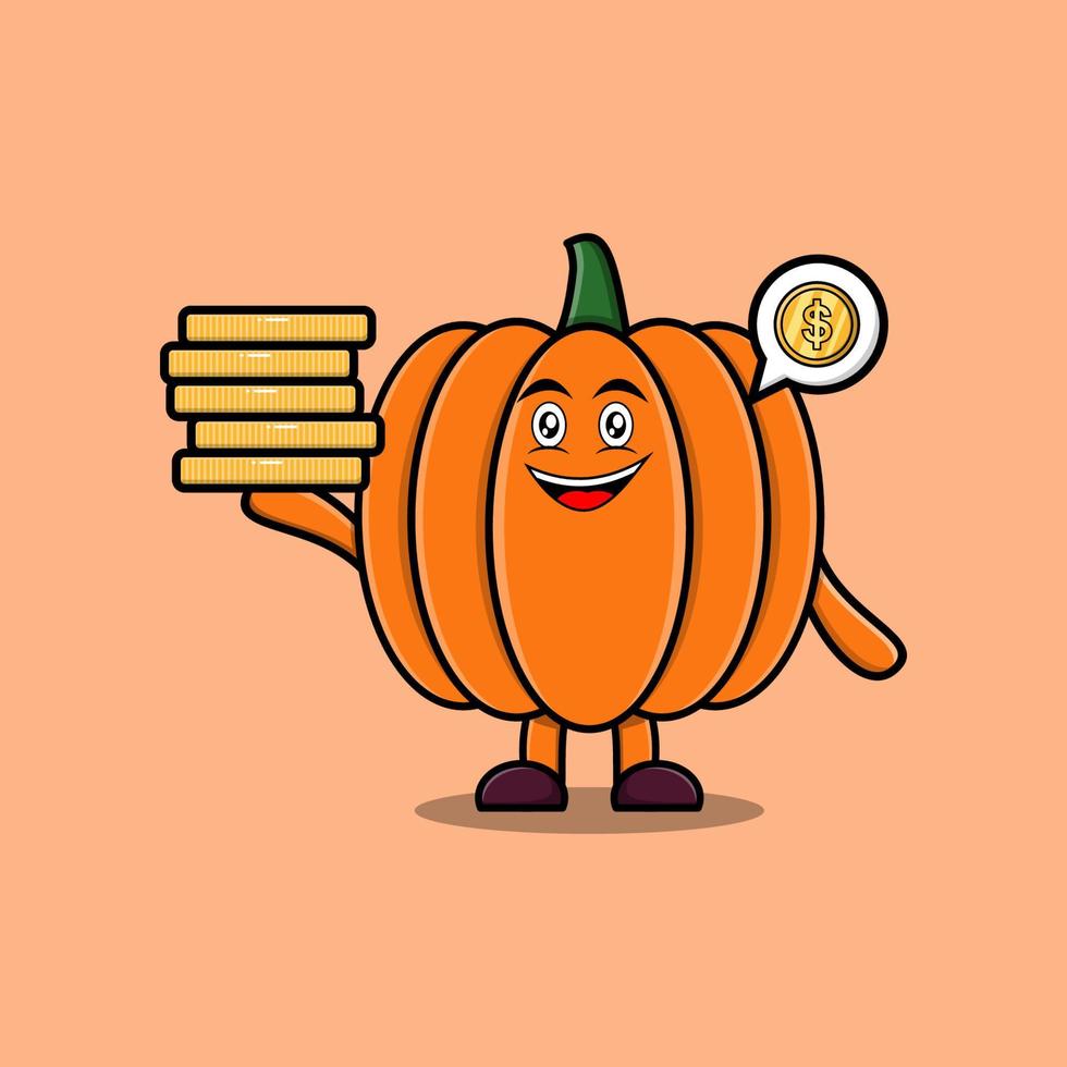 linda caricatura de calabaza sosteniendo una moneda de oro apilada vector