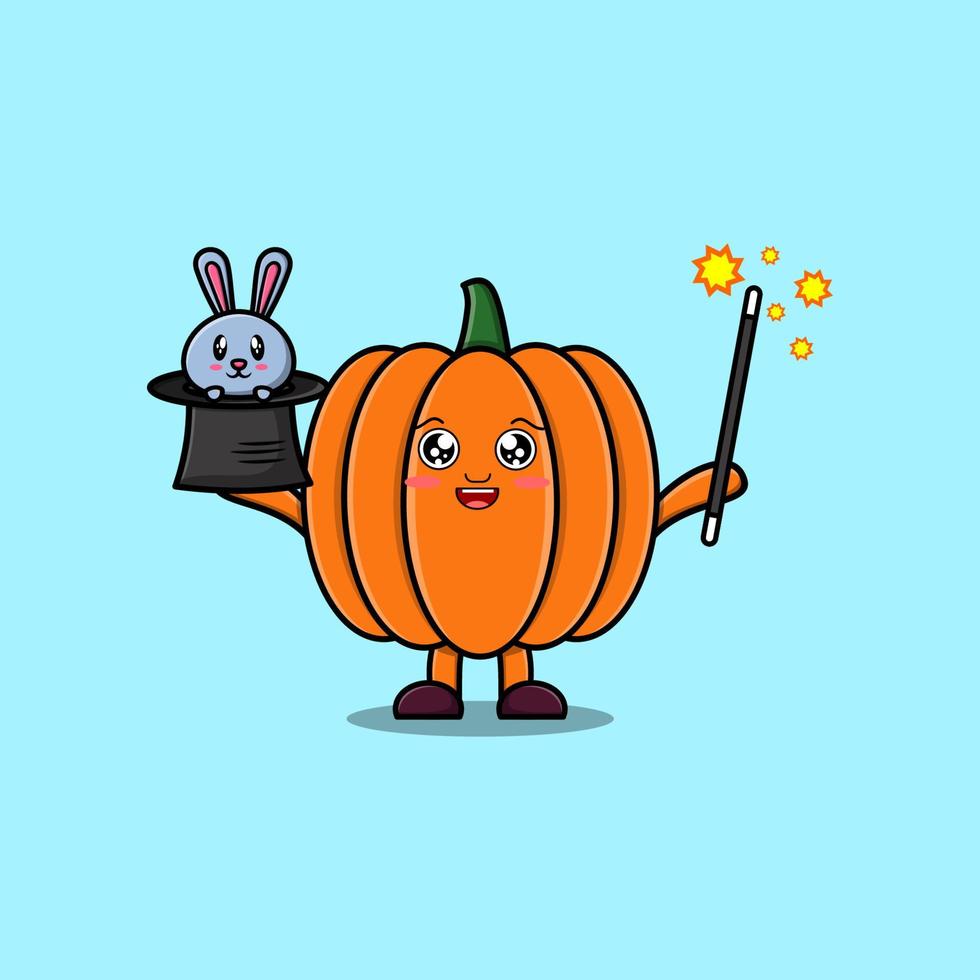 cartoon Pumpkin magician with bunny out magic hat vector