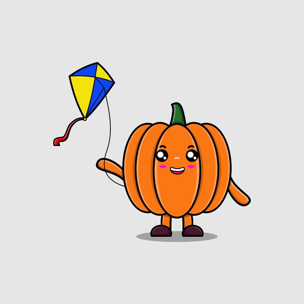 Cute cartoon Pumpkin character playing kite flying vector