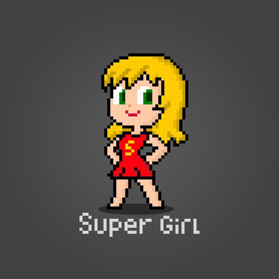 Superchica de píxel de personaje de 8 bits. mujeres de dibujos animados en ilustraciones vectoriales. vector