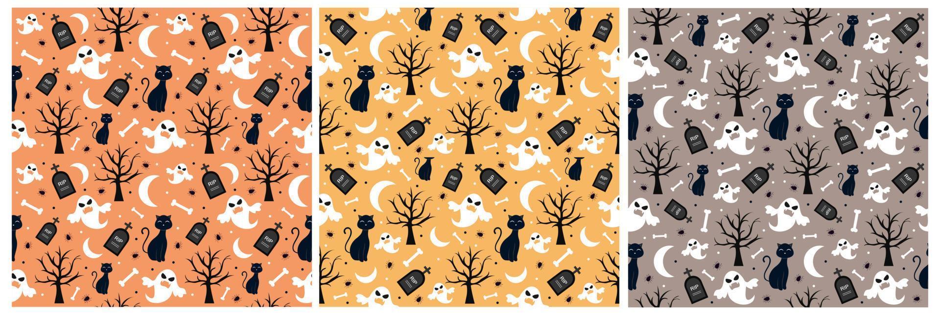 Set of Halloween Seamless Pattern Design With Witch, Haunted House, Pumpkins or Bats in Template Hand Drawn Cartoon Flat Illustration vector