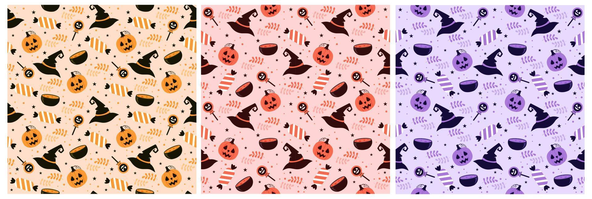 conjunto de diseño de patrones sin fisuras de halloween con bruja, casa embrujada, calabazas o murciélagos en plantilla ilustración plana de dibujos animados dibujados a mano vector