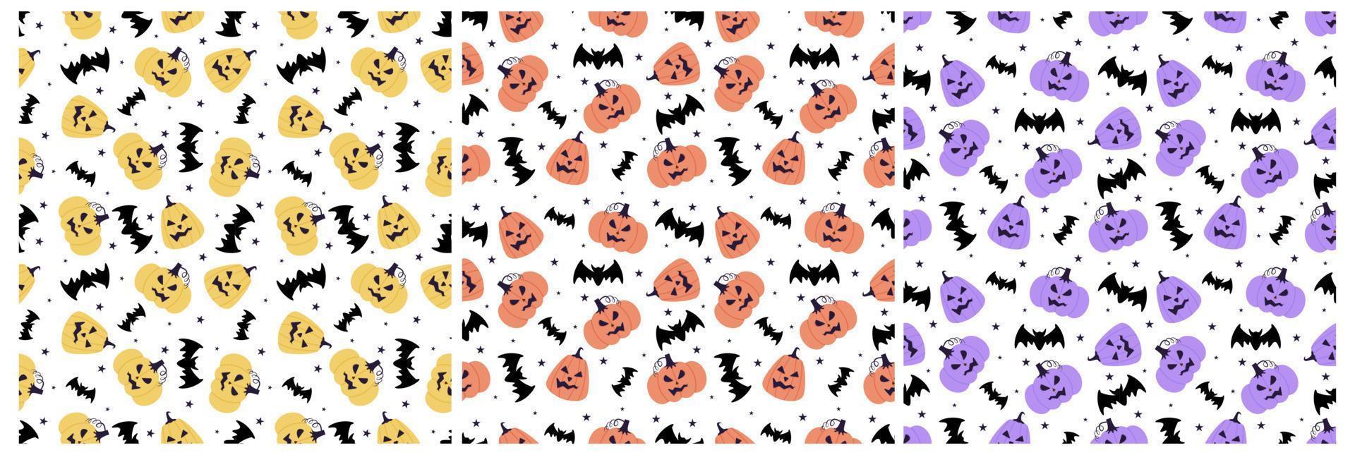 Set of Halloween Seamless Pattern Design With Witch, Haunted House, Pumpkins or Bats in Template Hand Drawn Cartoon Flat Illustration vector