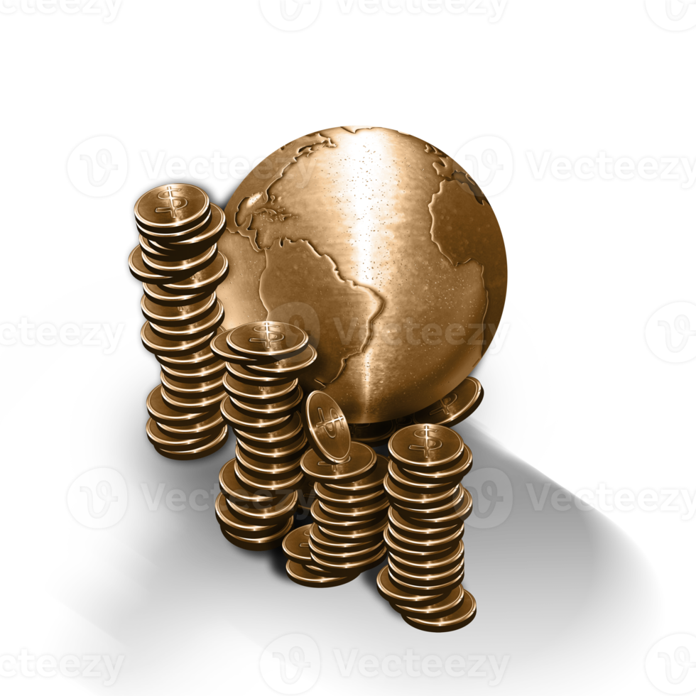 3d illustration bronze metal earth globe with coins money around it stock exchange transparent background png
