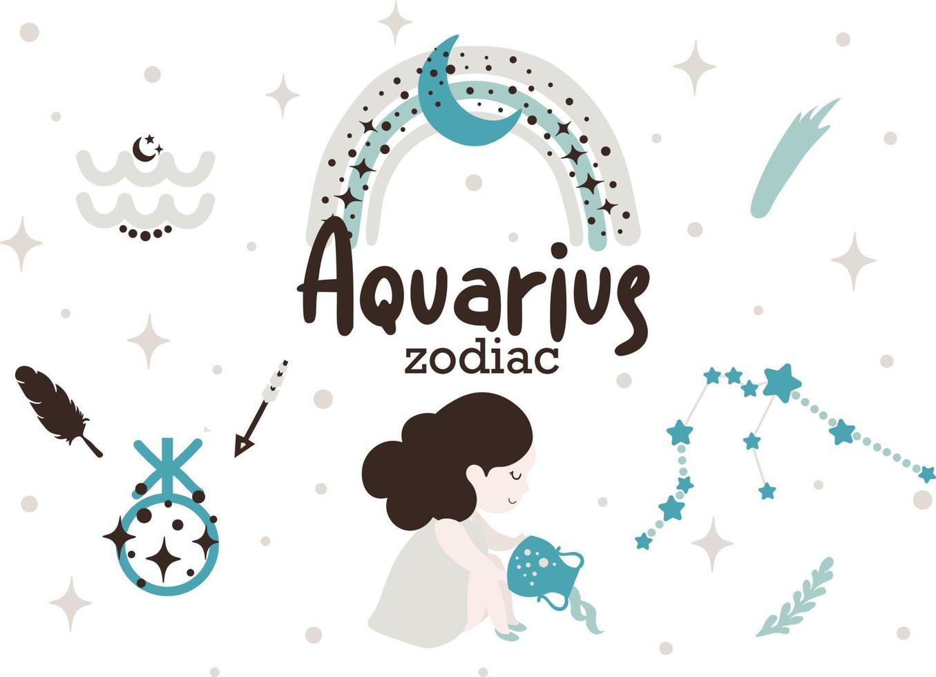 Aquarius zodiac sign clipart - cute kids horoscope, zodiac stars, constellation, rainbow, planet, arrow and comet isolated Vector illustration on white background. Cute vector astrological character.