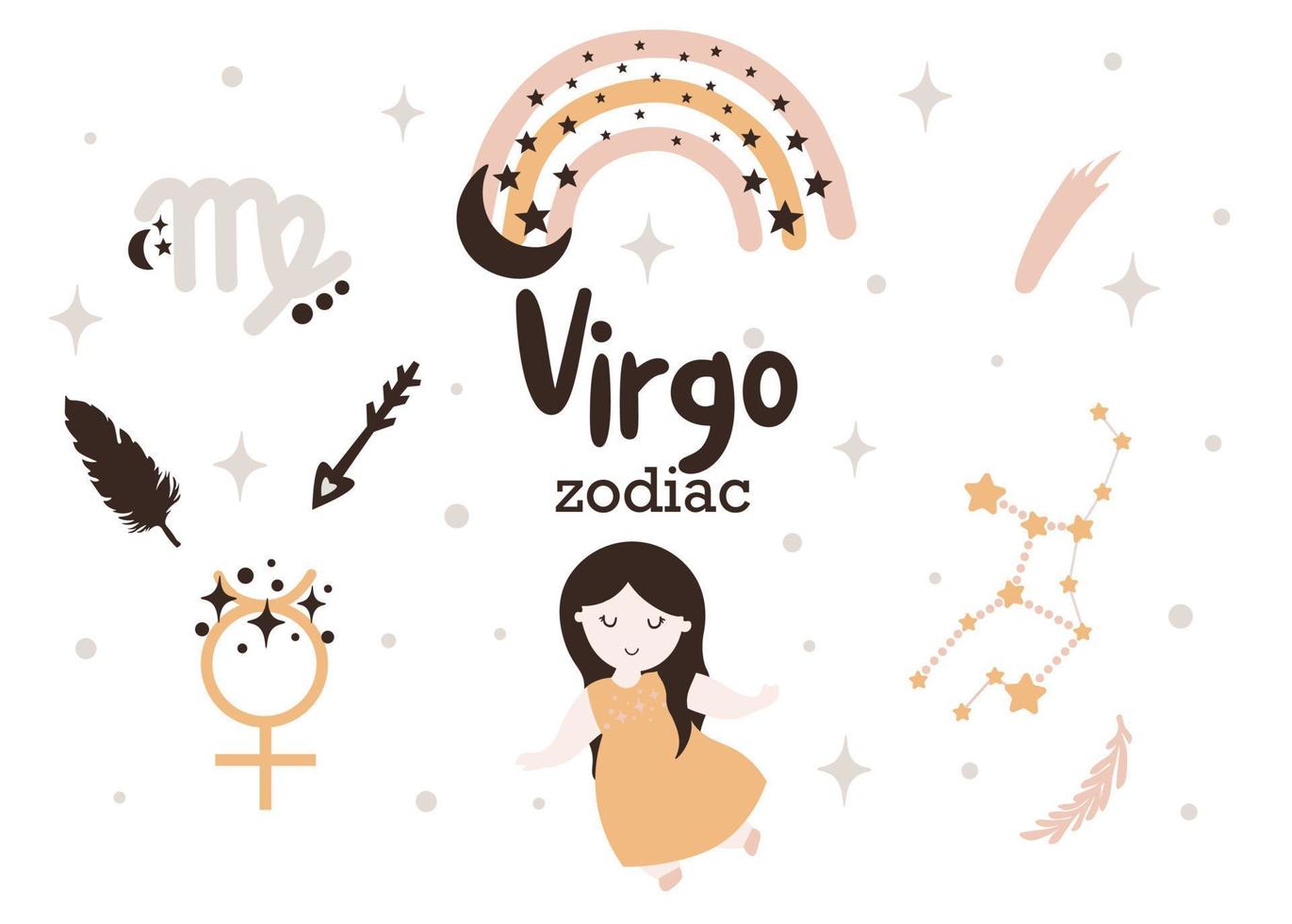 printvirgo zodiac sign clipart - cute kids horóscopo, estrellas del zodiaco, constelación, arco iris, planeta, flecha y cometa ilustración vectorial aislada sobre fondo blanco. lindo vector de carácter astrológico