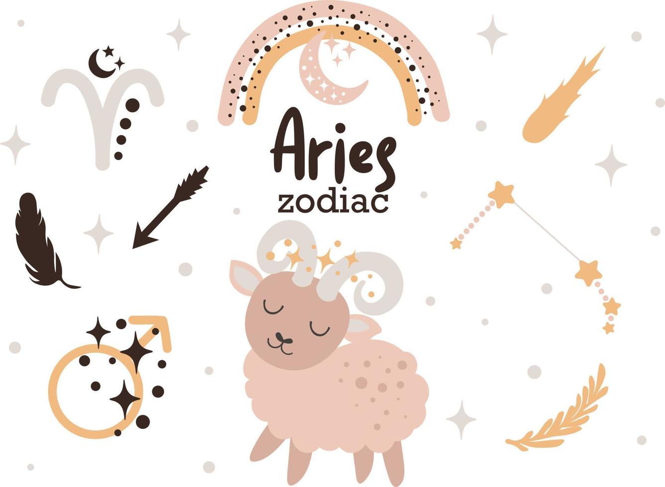 aries signo del zodiaco clipart - horóscopo de niños lindos, estrellas del zodiaco, constelación, arco iris, planeta, flecha y cometa ilustración vectorial aislada sobre fondo blanco. lindo vector de carácter astrológico