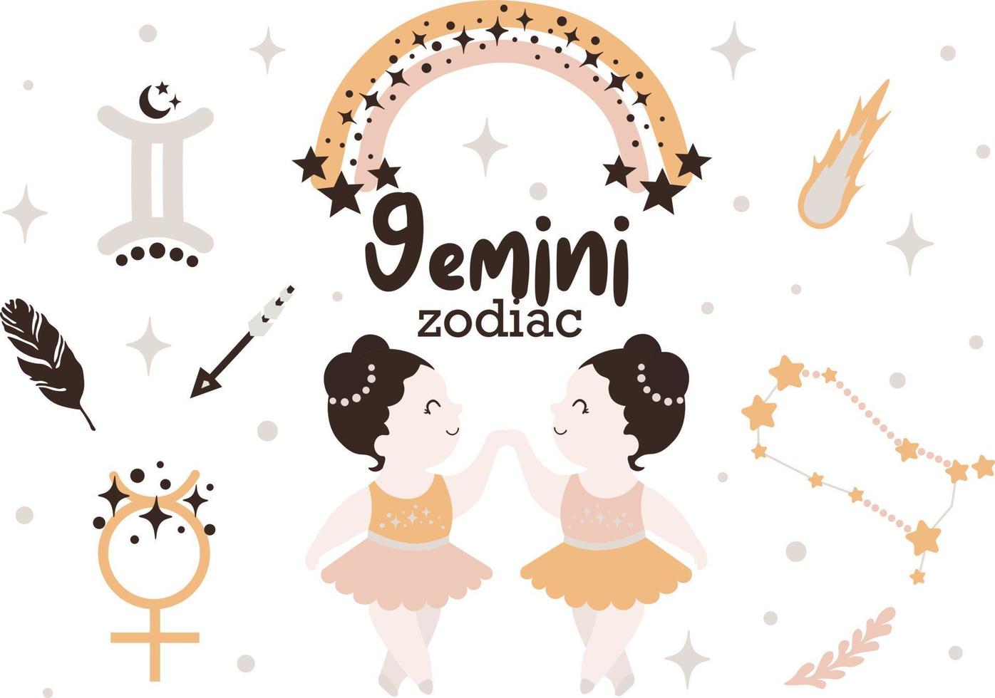 Géminis signo del zodiaco clipart - horóscopo de niños lindos, estrellas del zodiaco, constelación, arco iris, planeta, flecha y cometa ilustración vectorial aislada sobre fondo blanco. lindo vector de carácter astrológico