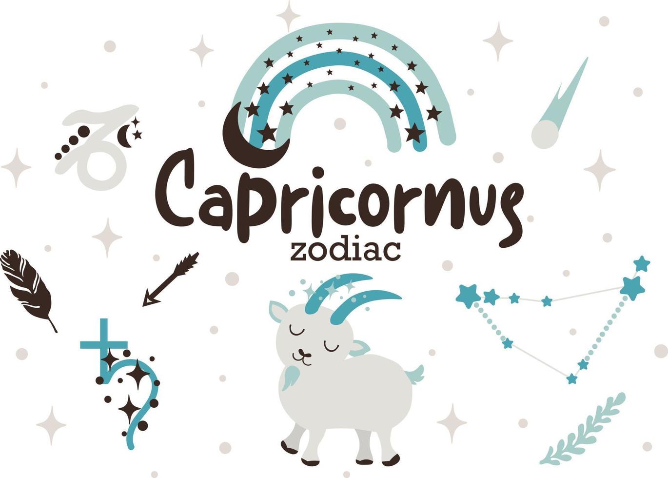 Capricornus zodiac sign clipart - cute kids horoscope, zodiac stars, constellation, rainbow, planet, arrow and comet isolated Vector illustration on white background.Cute vector astrological character