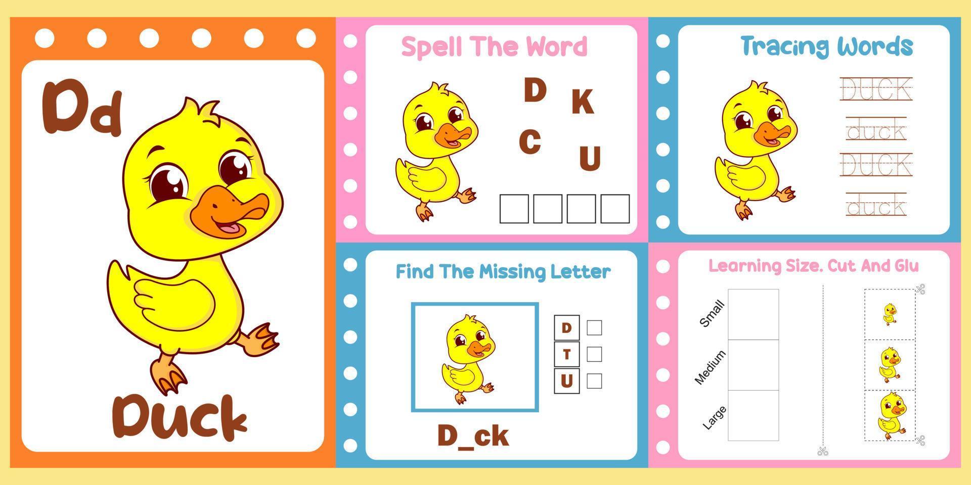 worksheets pack for kids with duck vector. children's study book vector