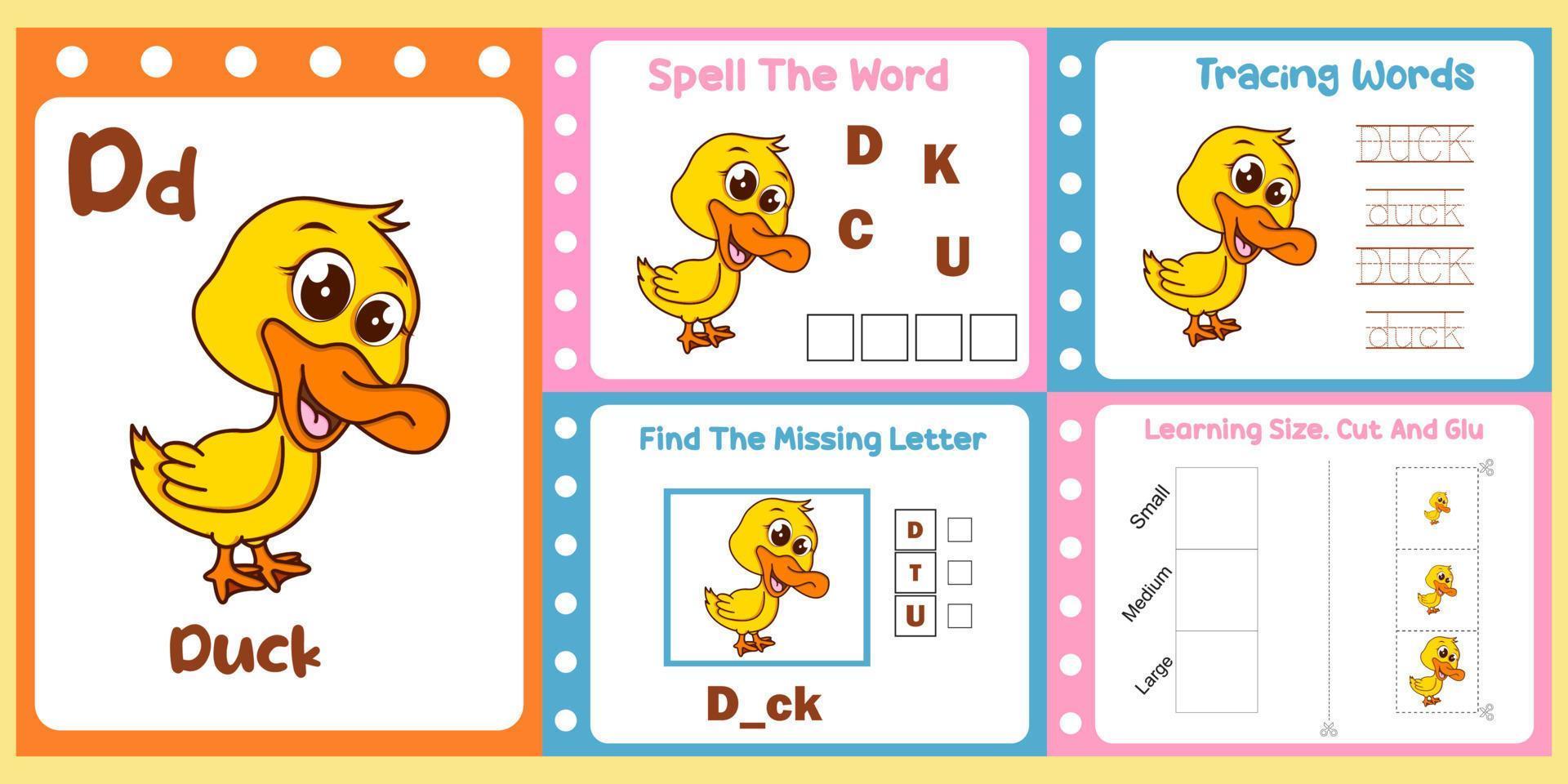 worksheets pack for kids with duck vector. children's study book vector